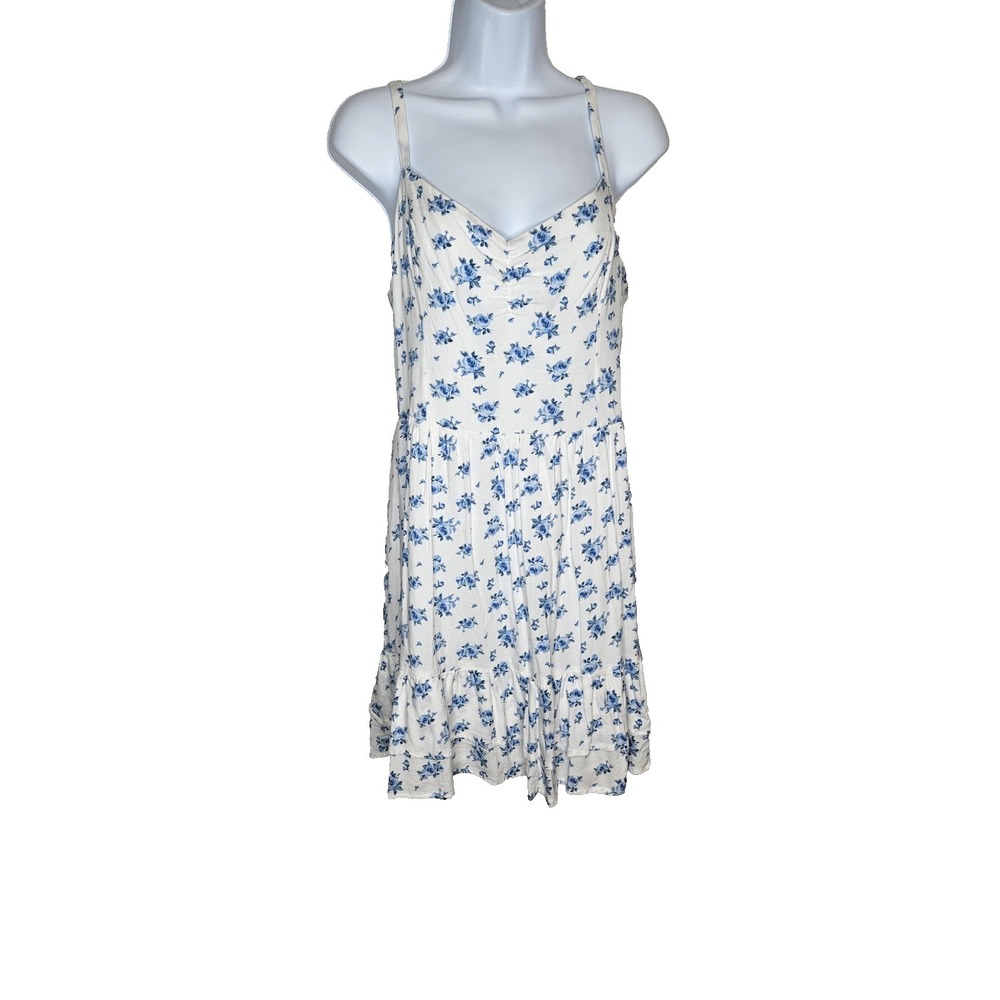 Hollister Blue Floral Mini Dress Open Back Tie Strap Cottagecore L Coquette
